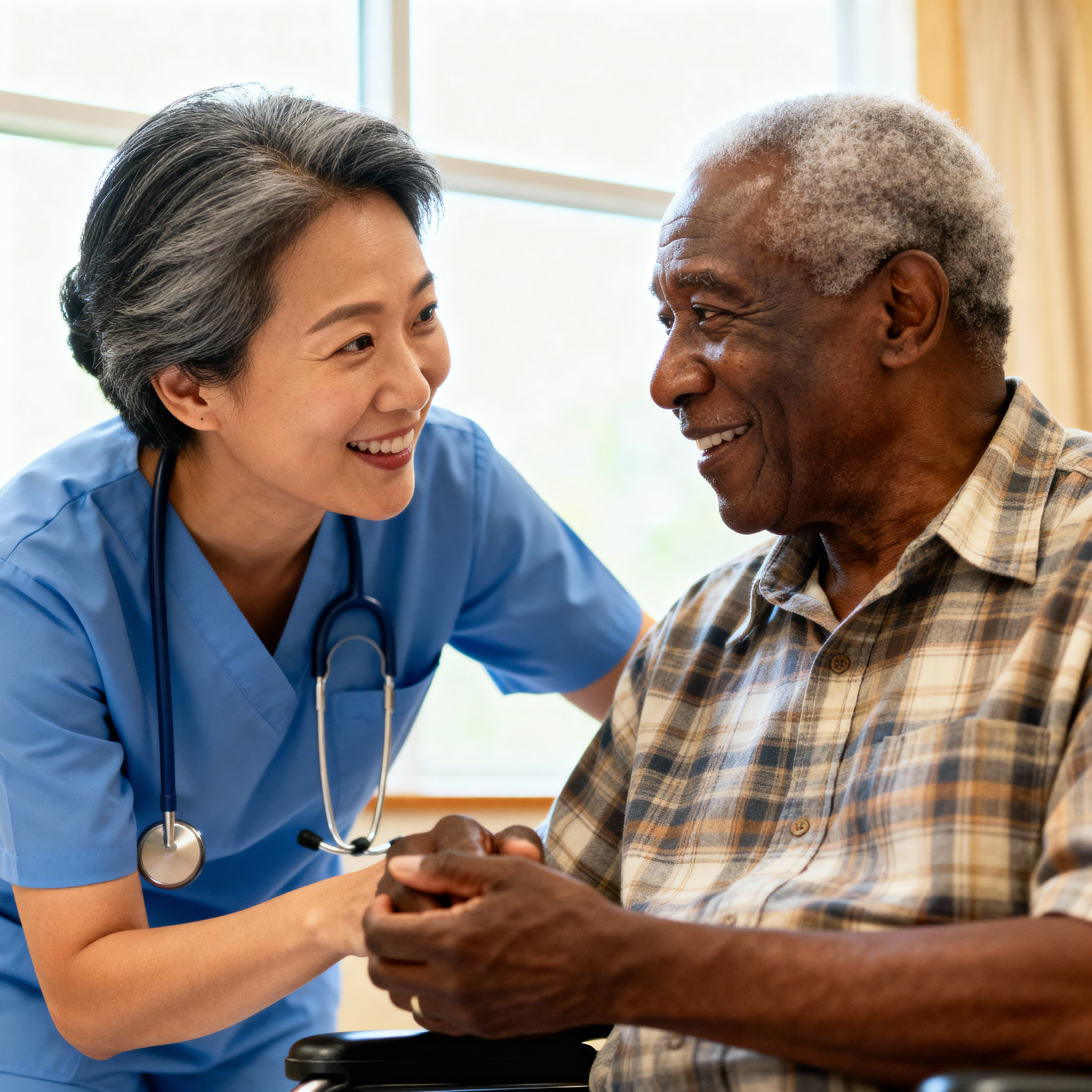 A caregiver holding hands with a senior