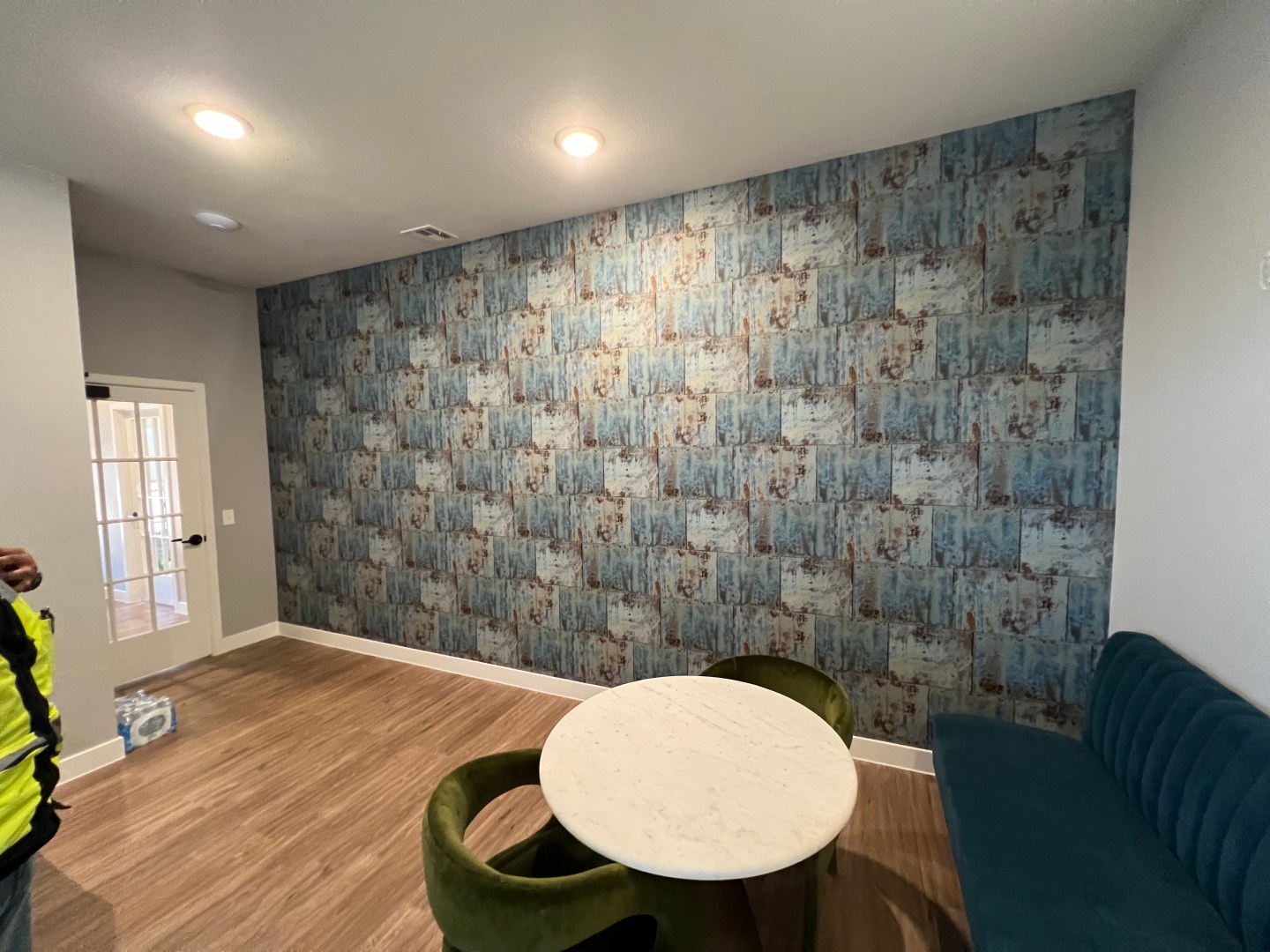 Commercial lounge feature wall with durable patterned wallcovering