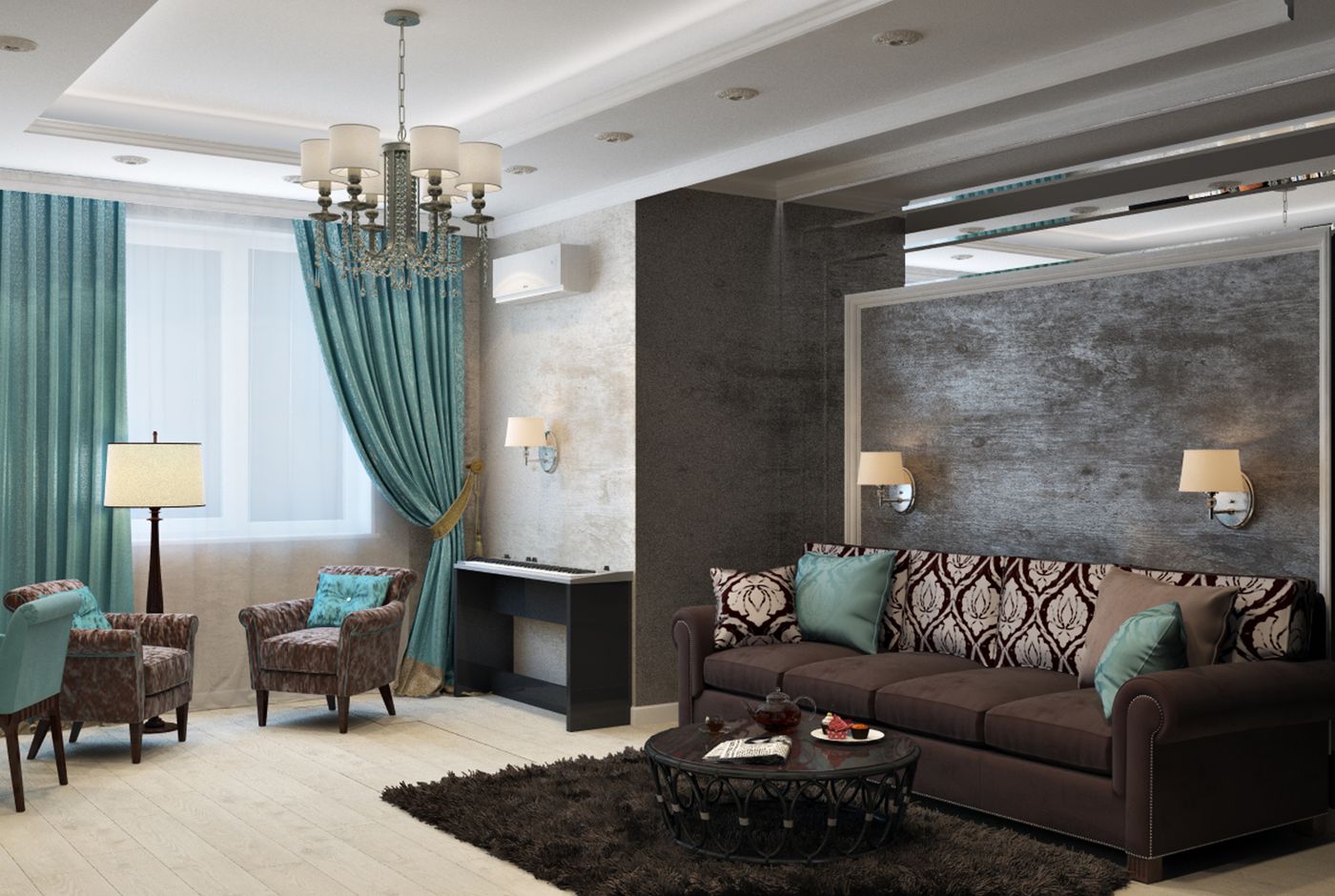 Finished living room with a textured residential wallpaper feature wall